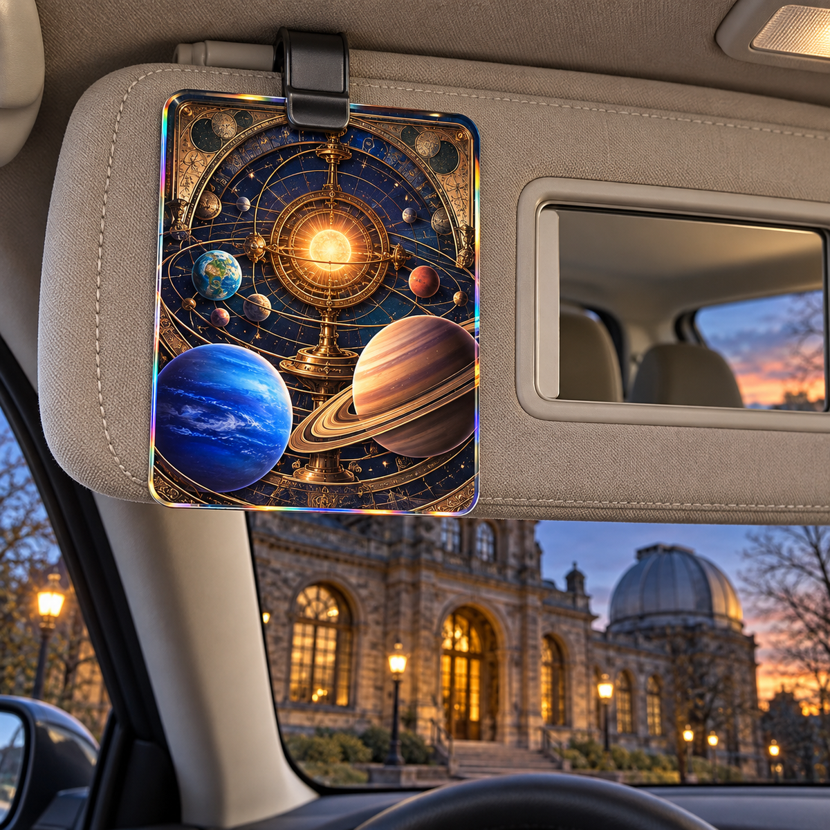 Astronomer's Study Atlas Holographic Car Visor Clip with printed optical 3D artwork in its use setting