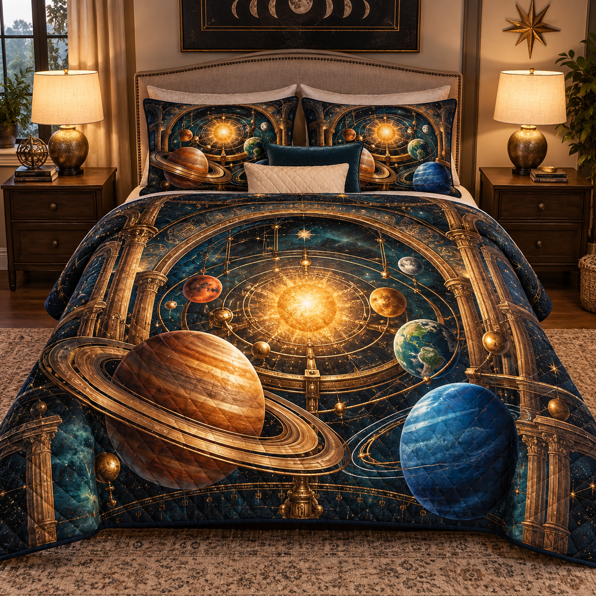 Celestial Hearth Welcome Quilted Bedding Set with printed optical 3D artwork in its use setting