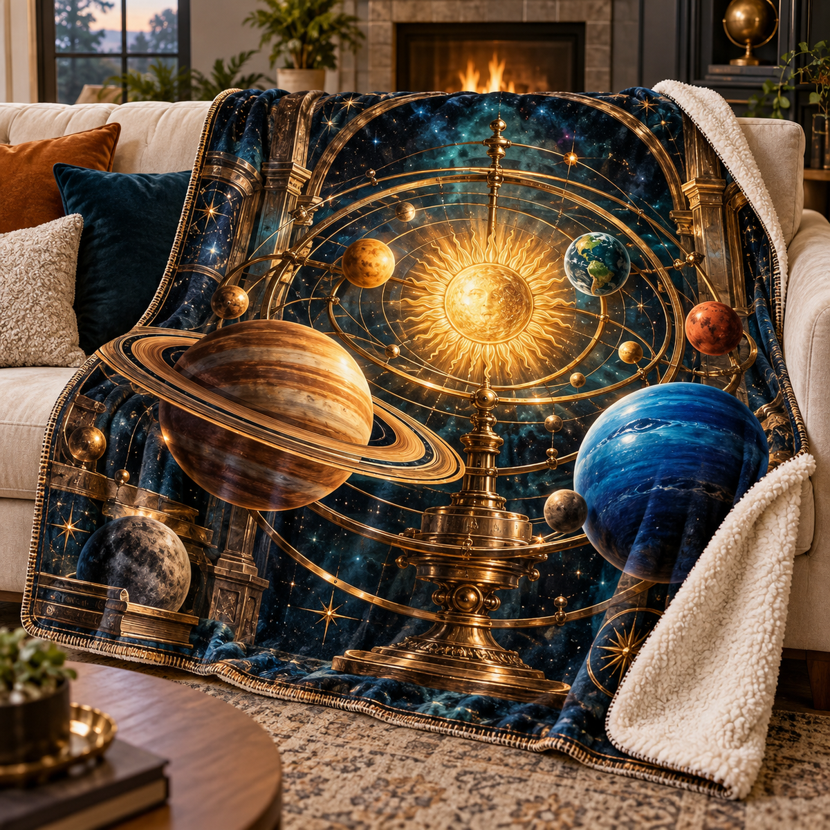 Celestial Hearth Welcome Sherpa & Fleece Blanket with printed optical 3D artwork in its use setting