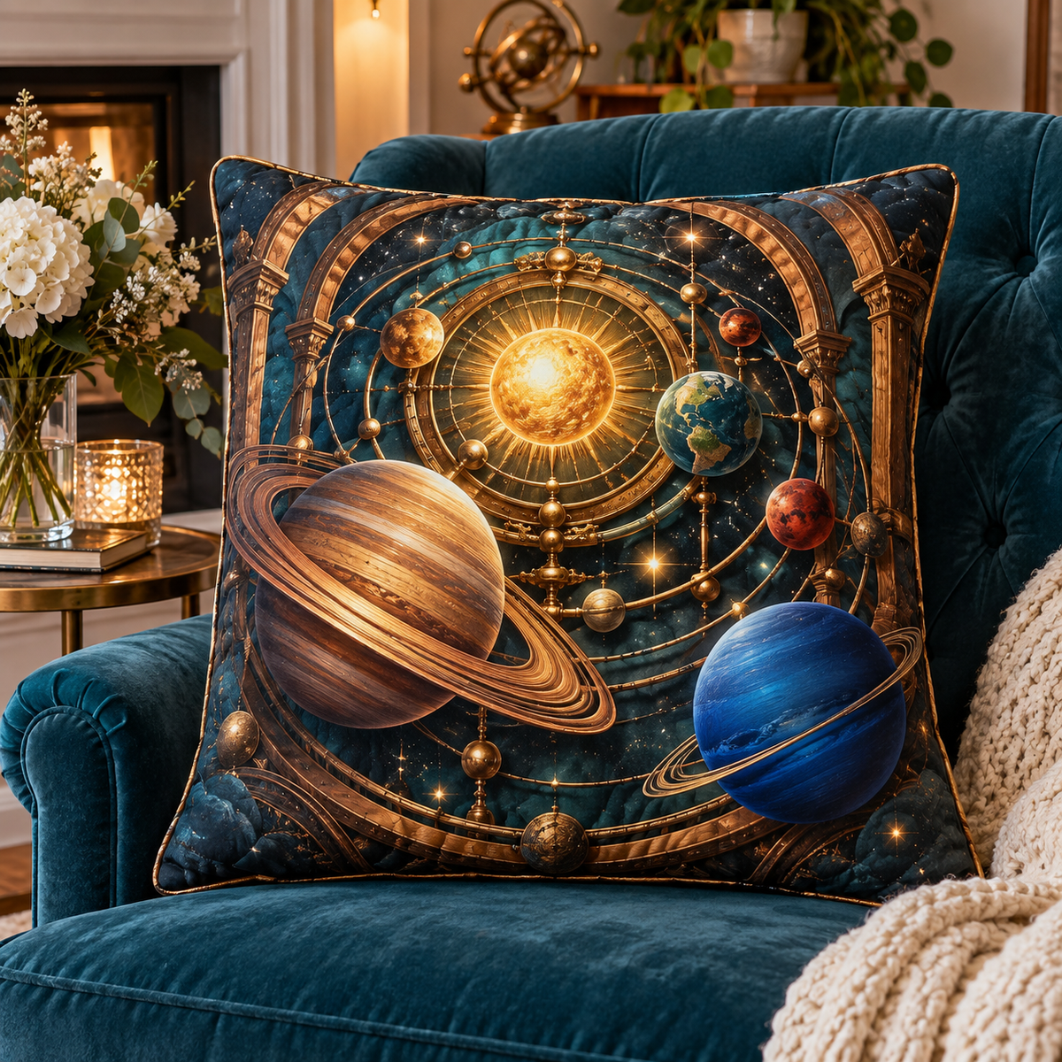 Celestial Hearth Welcome Quilted Cushion Cover with printed optical 3D artwork in its use setting