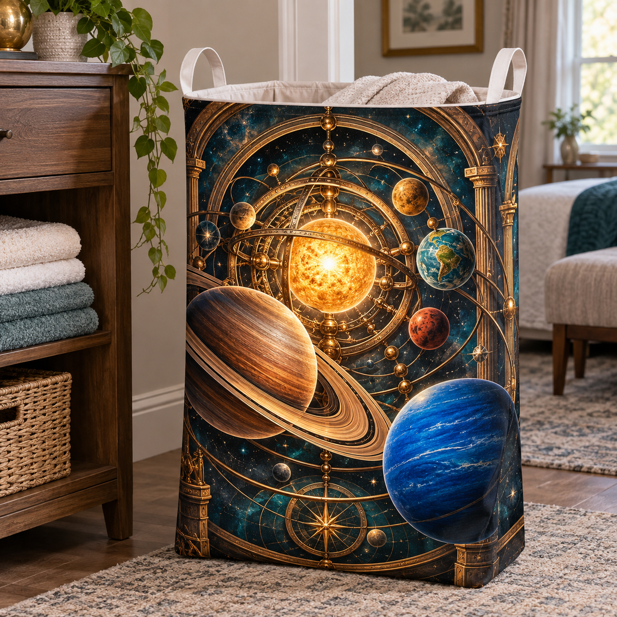 Celestial Hearth Welcome Laundry Hamper with printed optical 3D artwork in its use setting