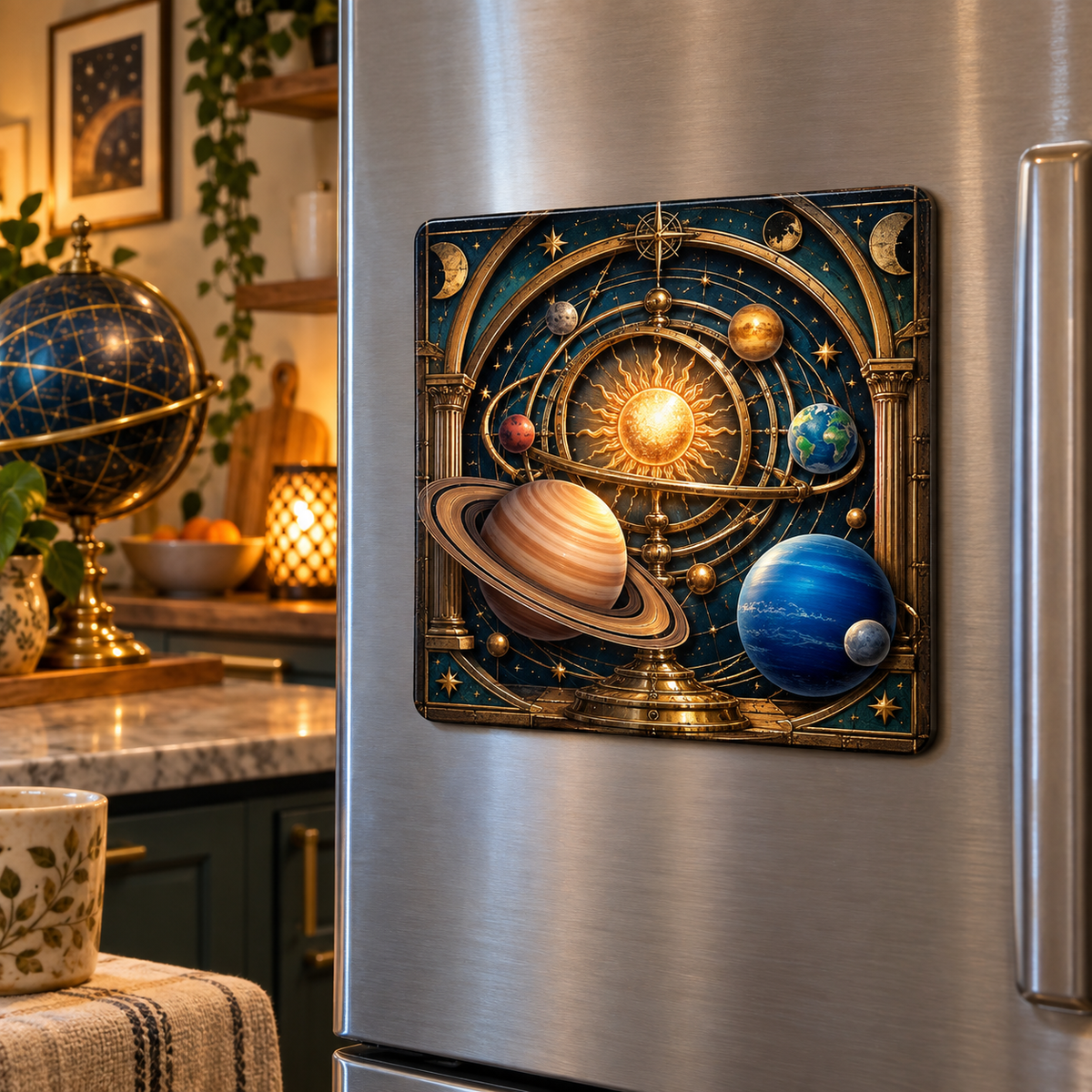 Celestial Hearth Welcome Acrylic Refrigerator Magnet with printed optical 3D artwork in its use setting