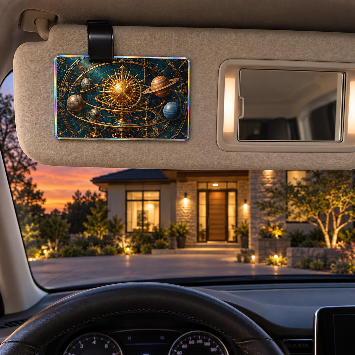 Celestial Hearth Welcome Holographic Car Visor Clip with printed optical 3D artwork in its use setting