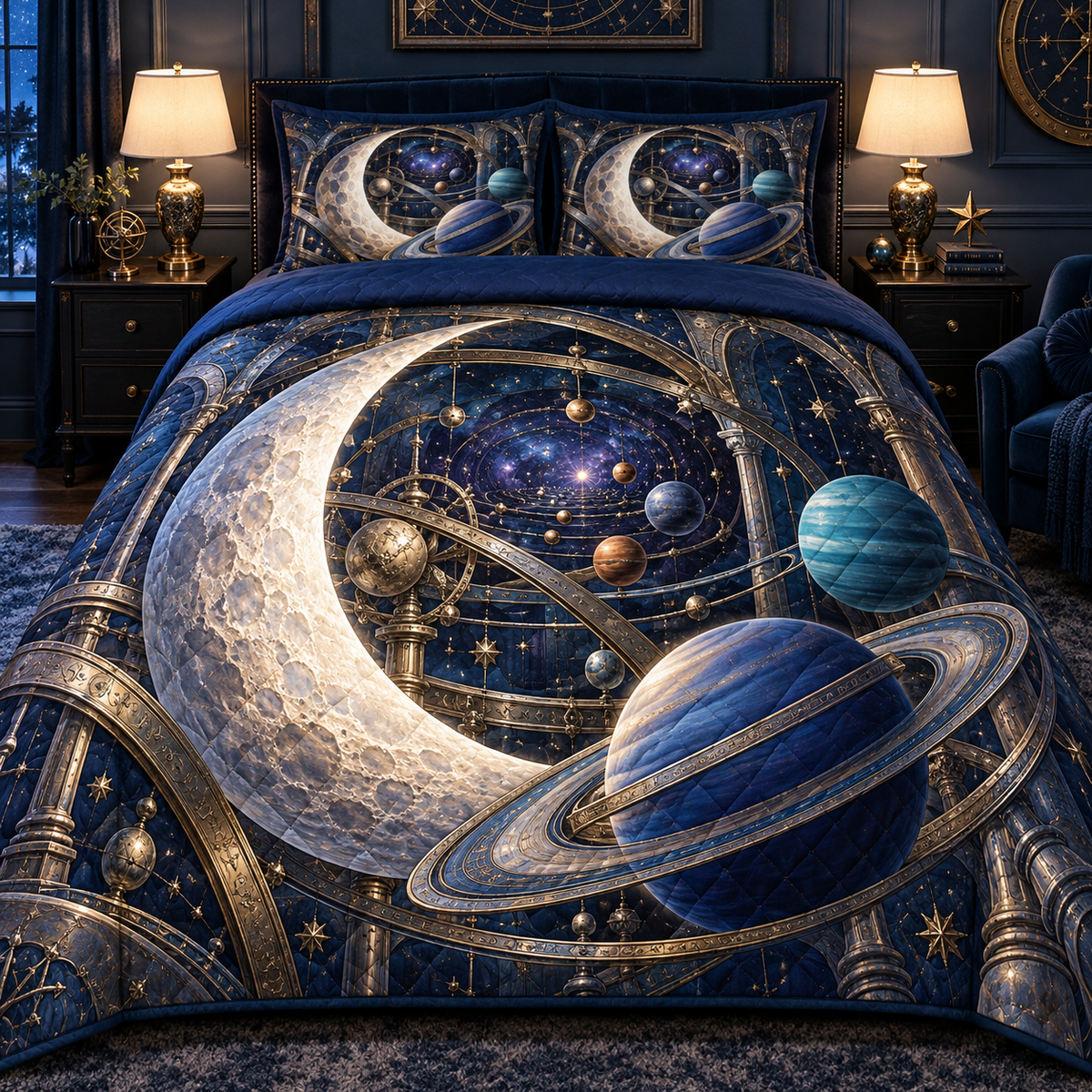 Moonlit Orrery Nook Quilted Bedding Set with printed optical 3D artwork in its use setting