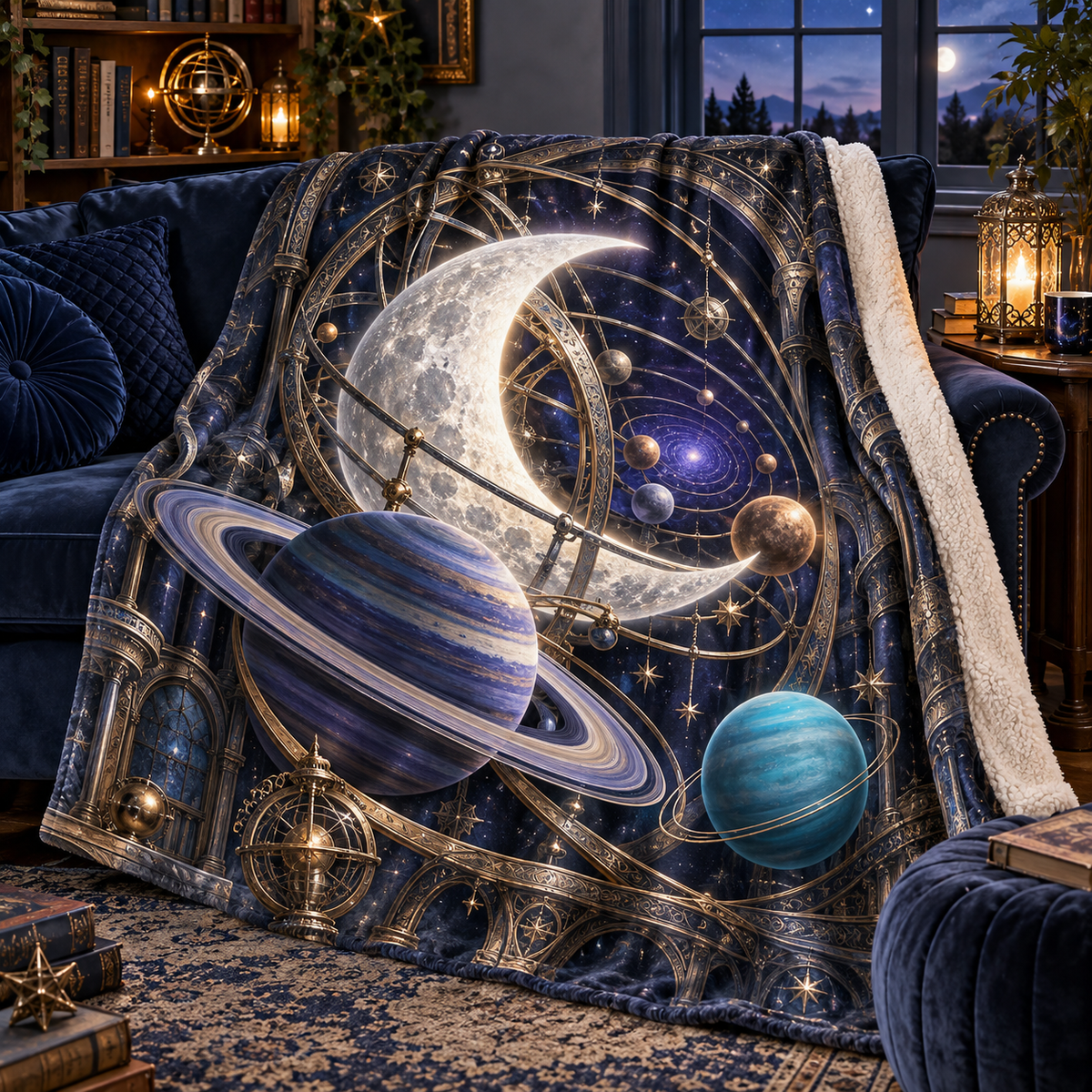 Moonlit Orrery Nook Sherpa & Fleece Blanket with printed optical 3D artwork in its use setting