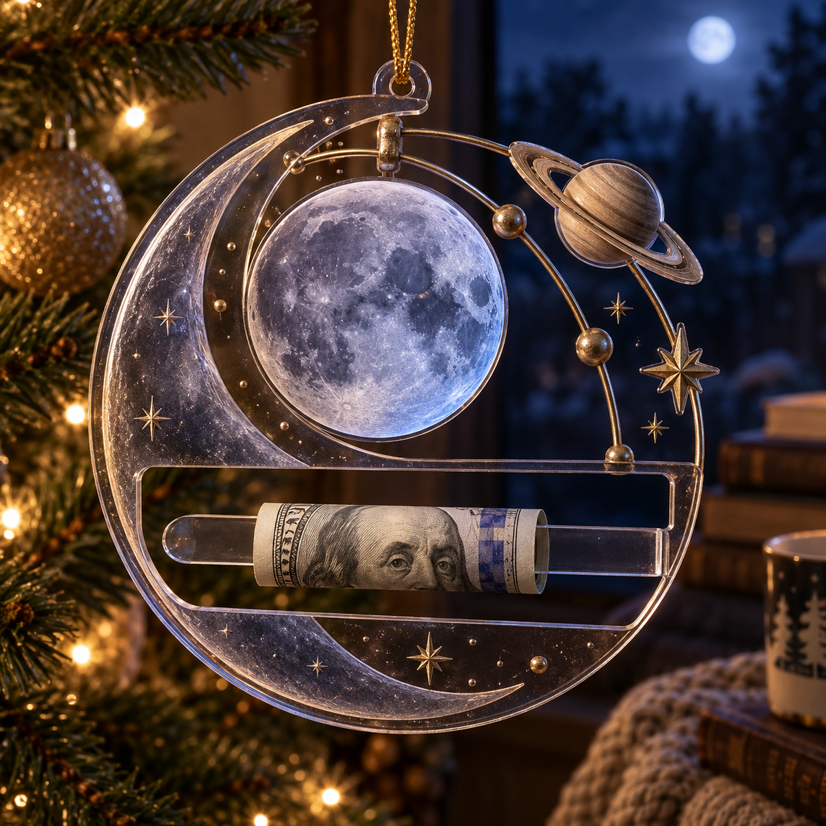 Moonlit Orrery Nook Acrylic Cash Holder Ornament with printed optical 3D artwork in its use setting