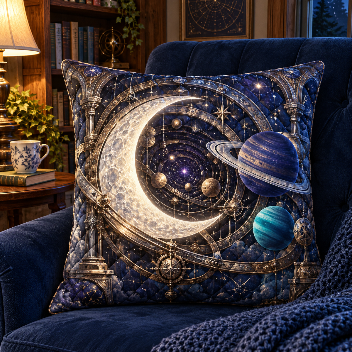 Moonlit Orrery Nook Quilted Cushion Cover with printed optical 3D artwork in its use setting