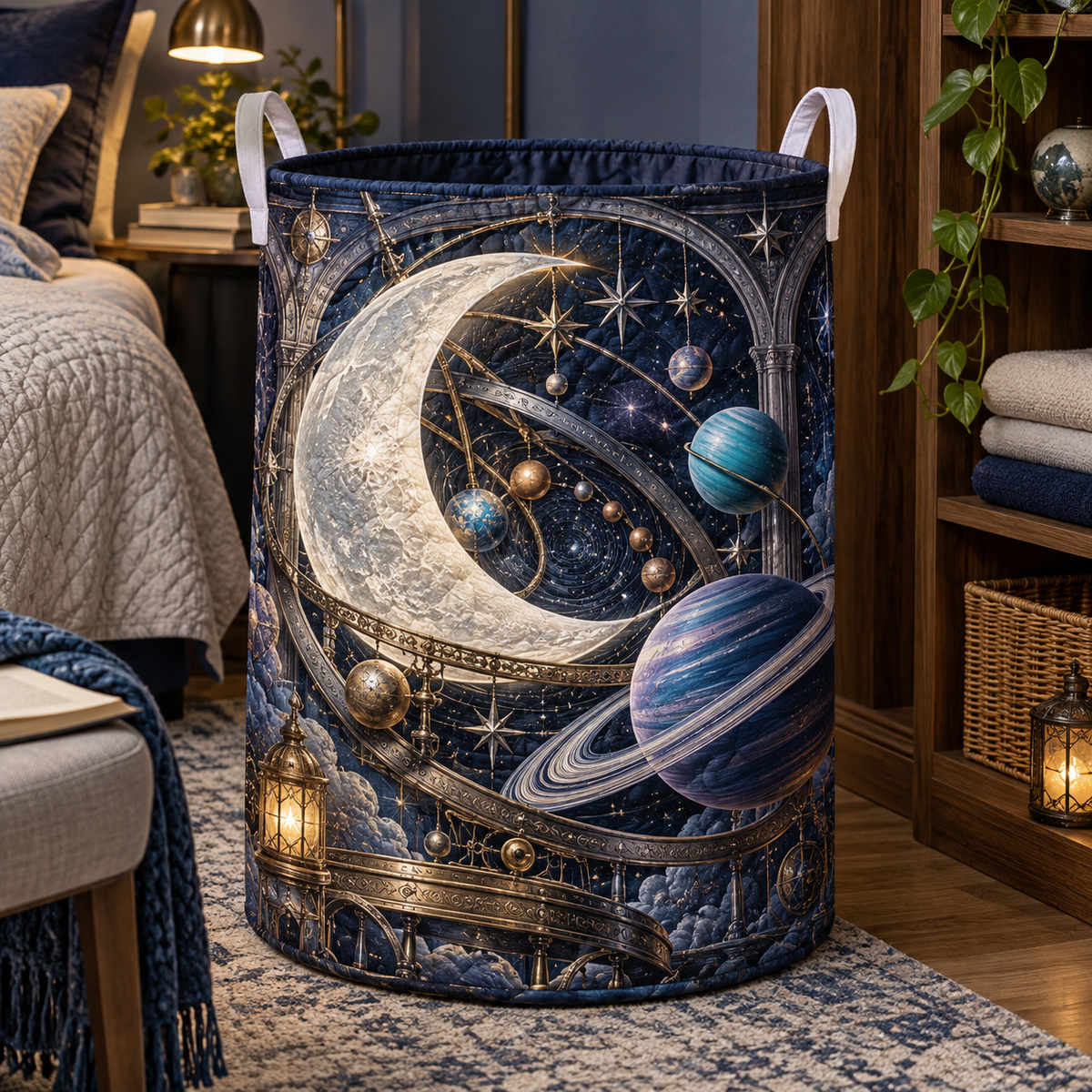 Moonlit Orrery Nook Laundry Hamper with printed optical 3D artwork in its use setting