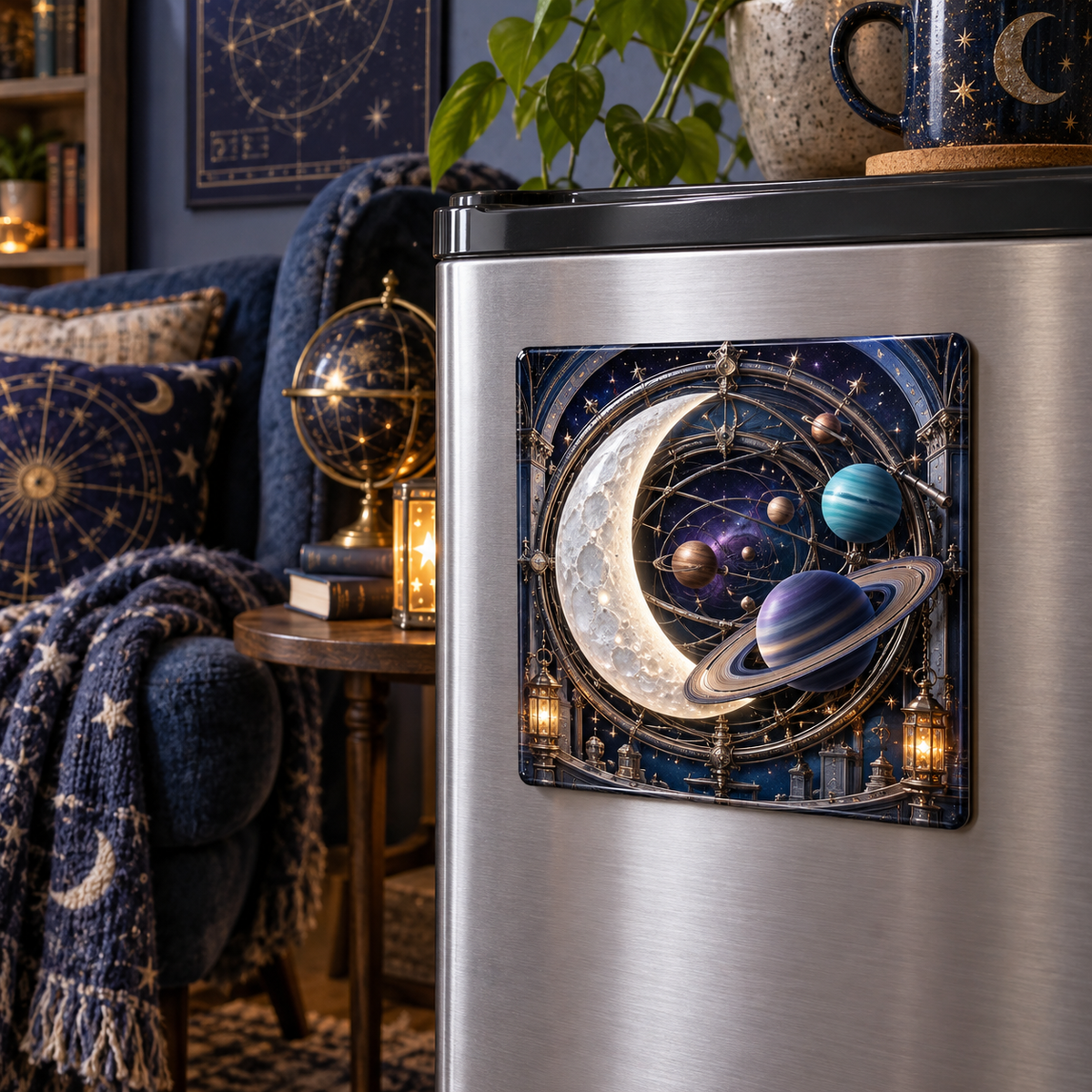 Moonlit Orrery Nook Acrylic Refrigerator Magnet with printed optical 3D artwork in its use setting