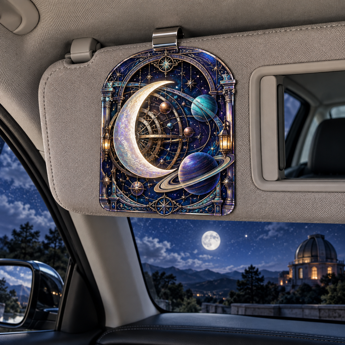 Moonlit Orrery Nook Holographic Car Visor Clip with printed optical 3D artwork in its use setting