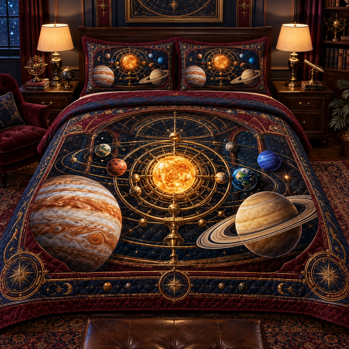 Collector's Celestial Cabinet Quilted Bedding Set with printed optical 3D artwork in its use setting