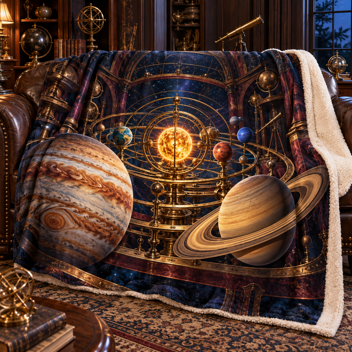 Collector's Celestial Cabinet Sherpa & Fleece Blanket with printed optical 3D artwork in its use setting