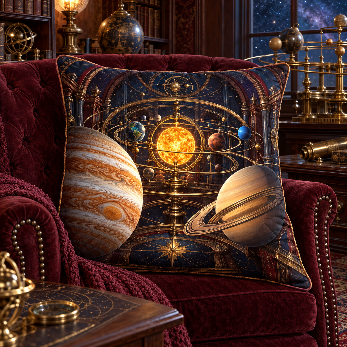 Collector's Celestial Cabinet Quilted Cushion Cover with printed optical 3D artwork in its use setting
