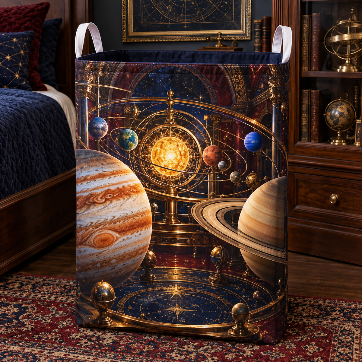 Collector's Celestial Cabinet Laundry Hamper with printed optical 3D artwork in its use setting
