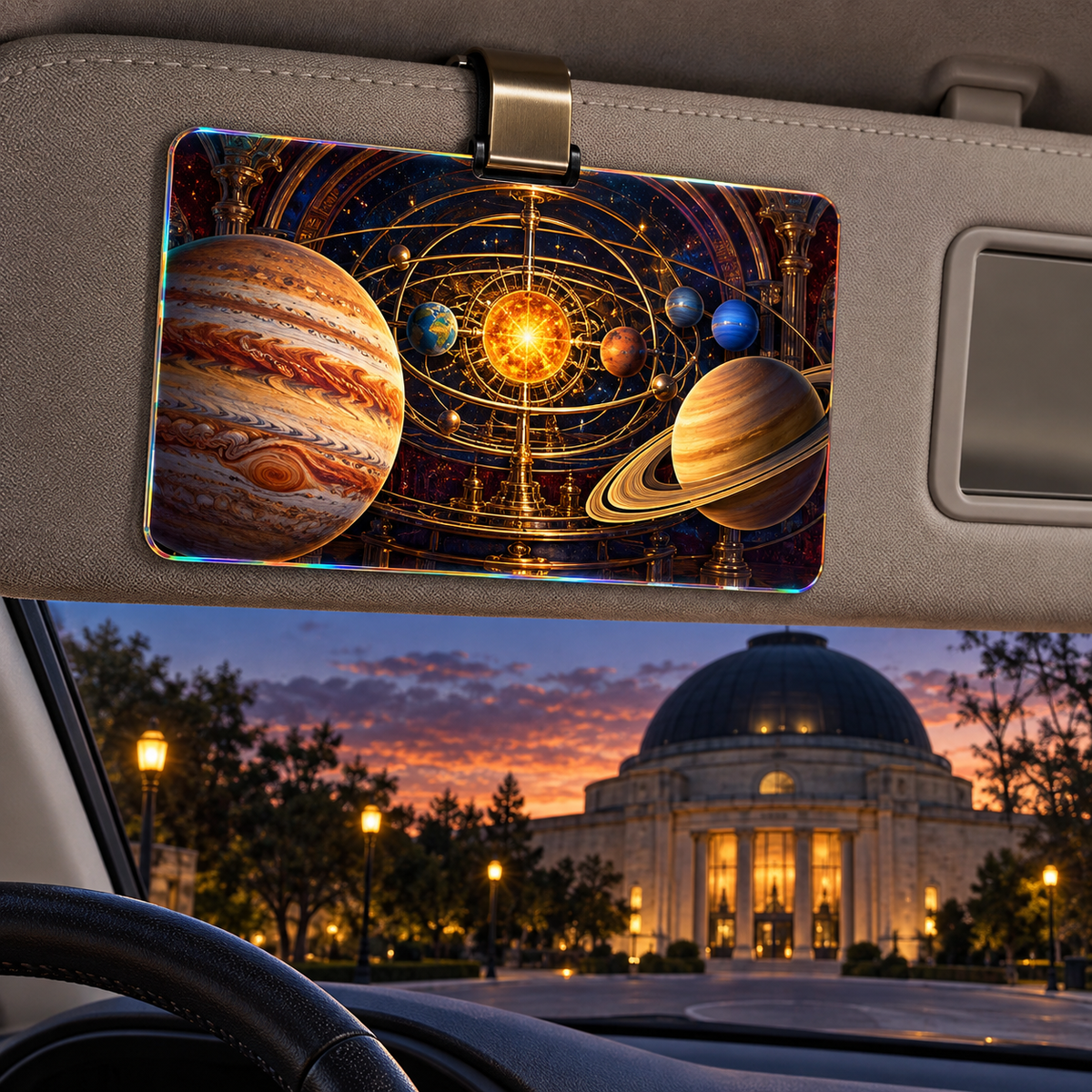 Collector's Celestial Cabinet Holographic Car Visor Clip with printed optical 3D artwork in its use setting