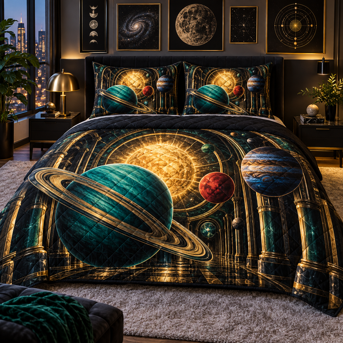 Orbital Gallery Noir Quilted Bedding Set with printed optical 3D artwork in its use setting