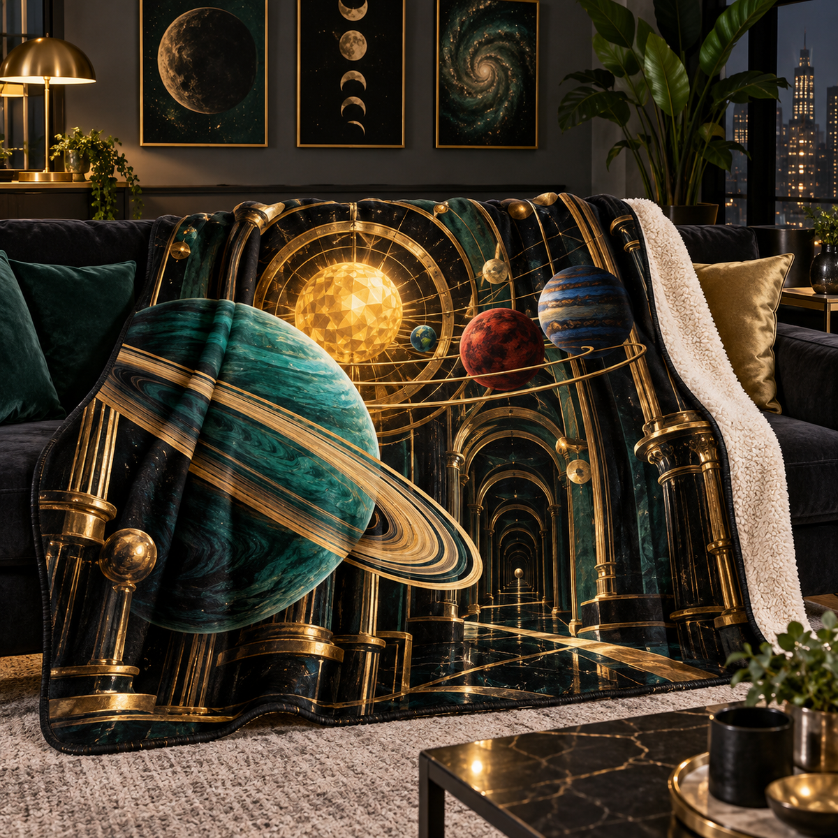 Orbital Gallery Noir Sherpa & Fleece Blanket with printed optical 3D artwork in its use setting