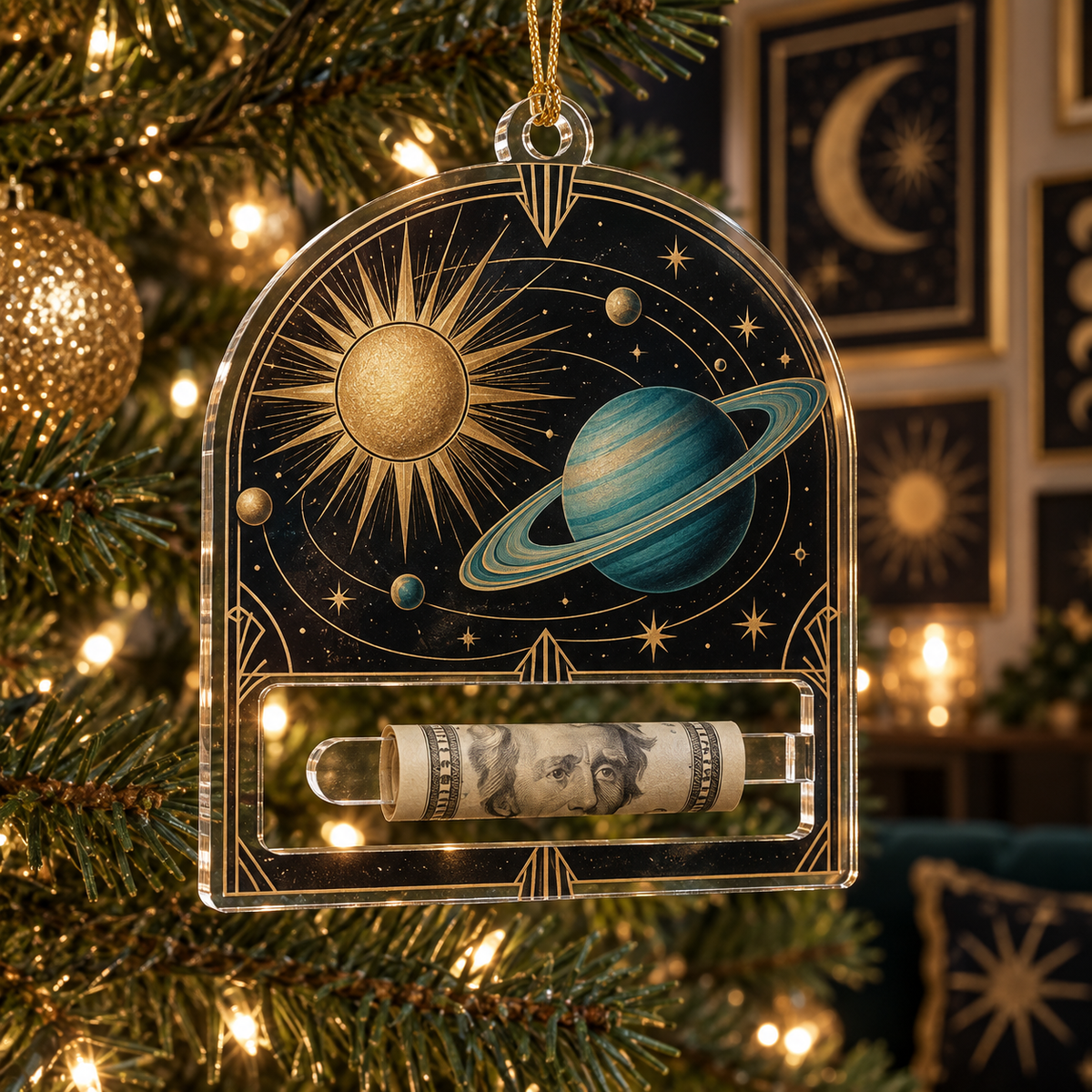 Orbital Gallery Noir Acrylic Cash Holder Ornament with printed optical 3D artwork in its use setting