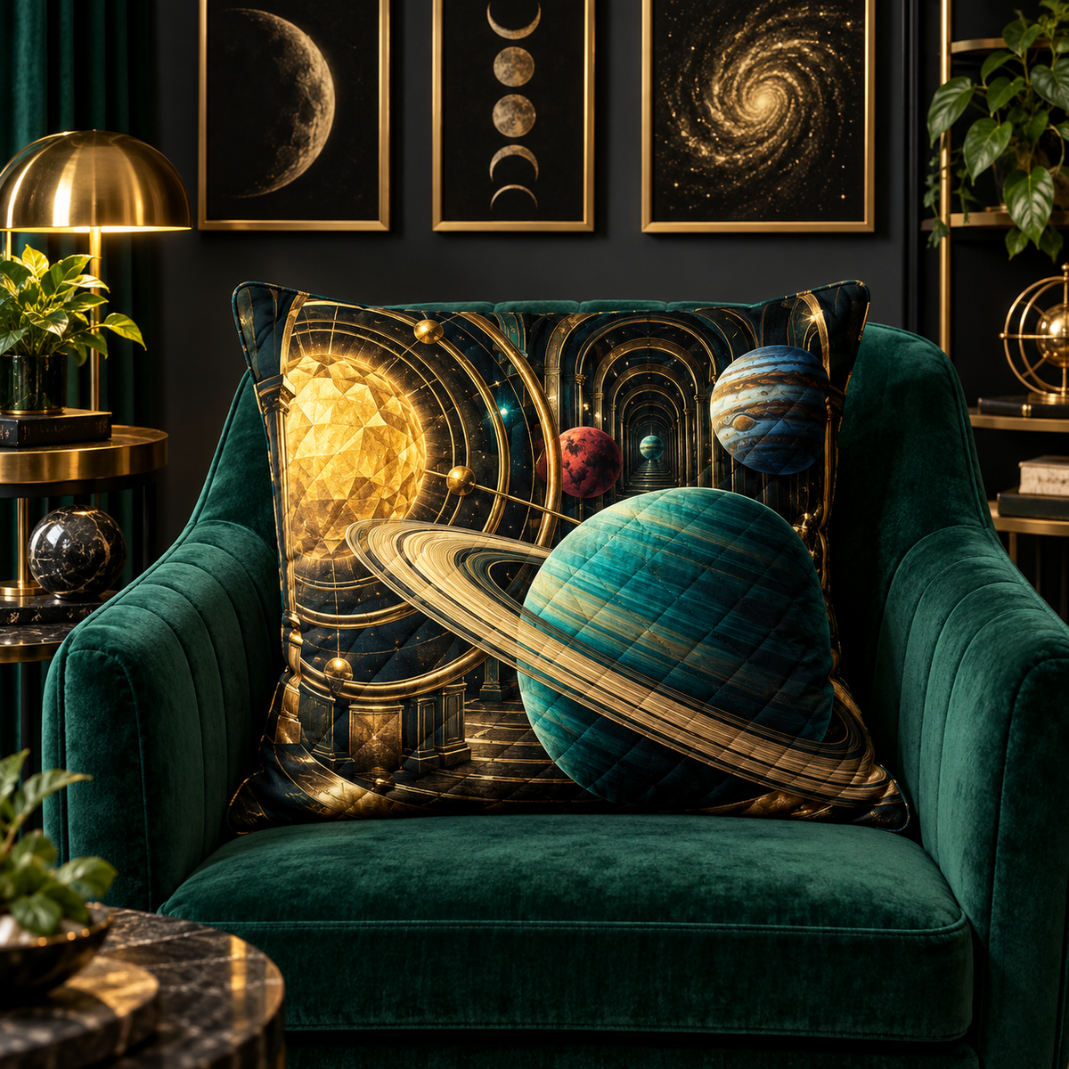 Orbital Gallery Noir Quilted Cushion Cover with printed optical 3D artwork in its use setting