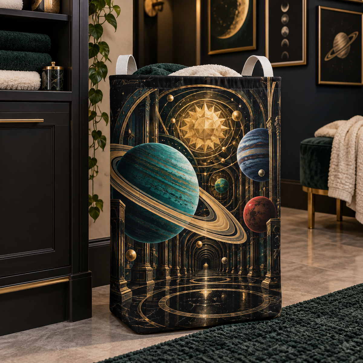 Orbital Gallery Noir Laundry Hamper with printed optical 3D artwork in its use setting