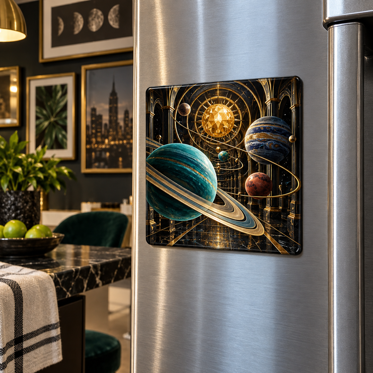 Orbital Gallery Noir Acrylic Refrigerator Magnet with printed optical 3D artwork in its use setting