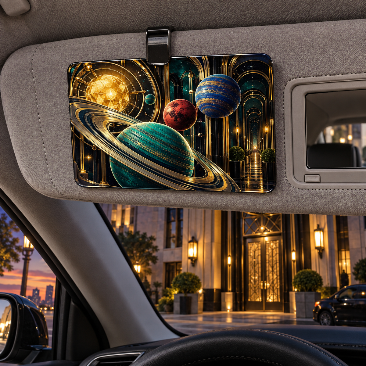 Orbital Gallery Noir Holographic Car Visor Clip with printed optical 3D artwork in its use setting