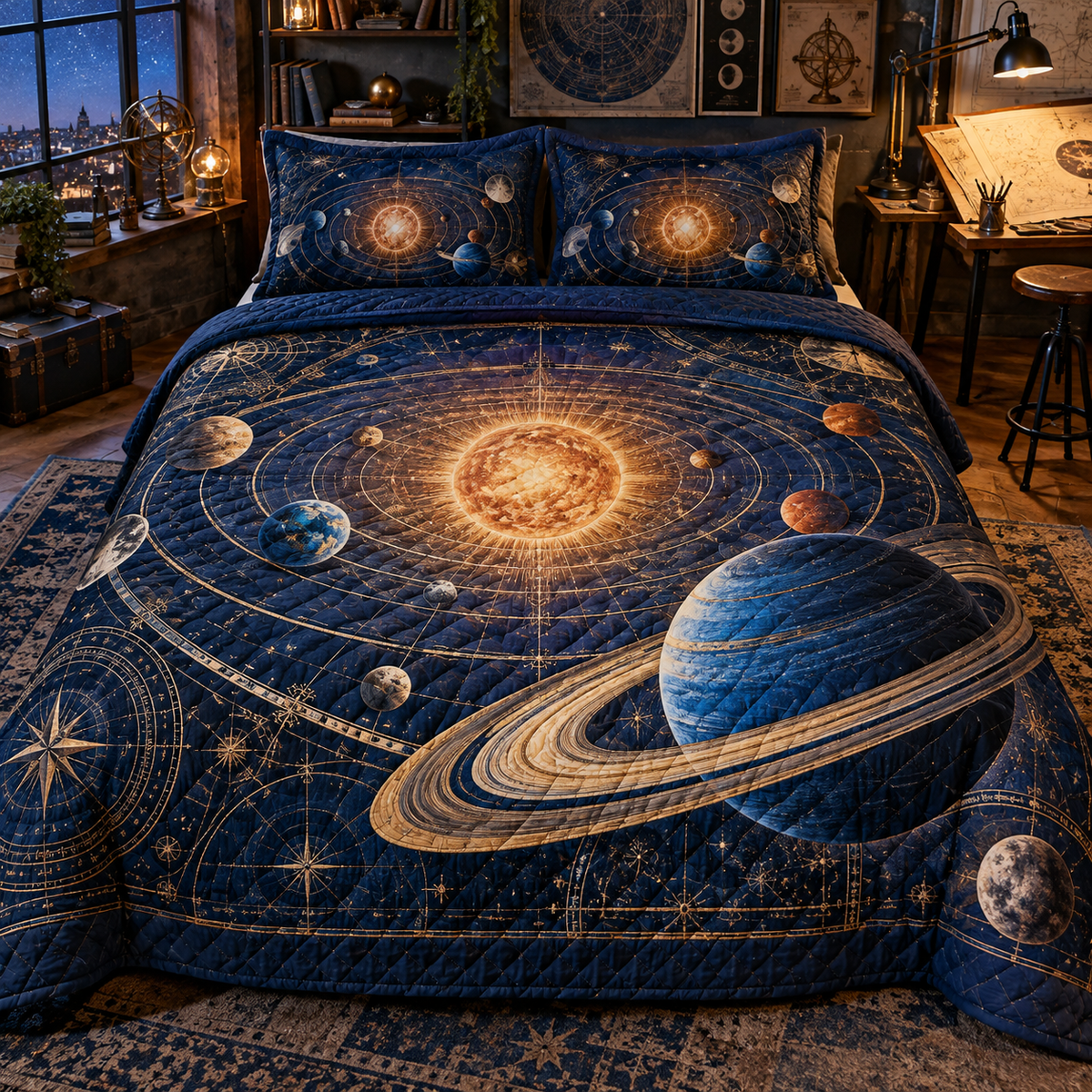 Celestial Maker Studio Quilted Bedding Set with printed optical 3D artwork in its use setting