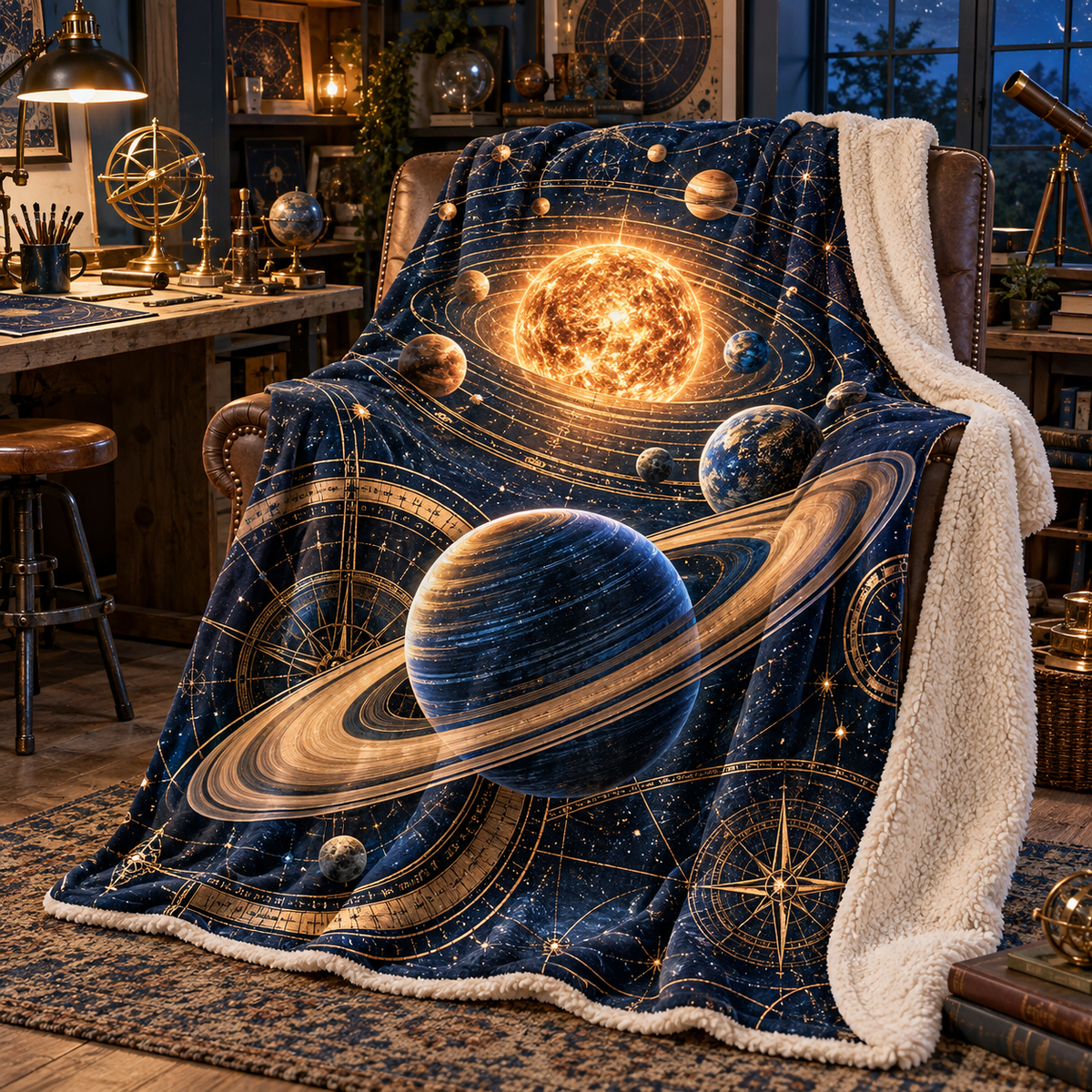 Celestial Maker Studio Sherpa & Fleece Blanket with printed optical 3D artwork in its use setting