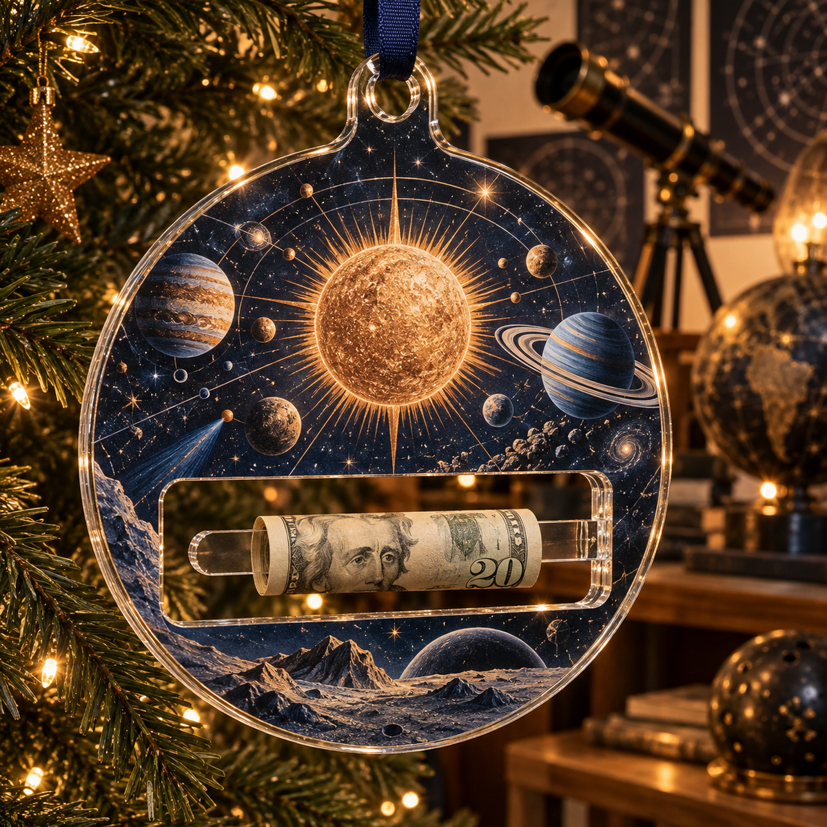 Celestial Maker Studio Acrylic Cash Holder Ornament with printed optical 3D artwork in its use setting