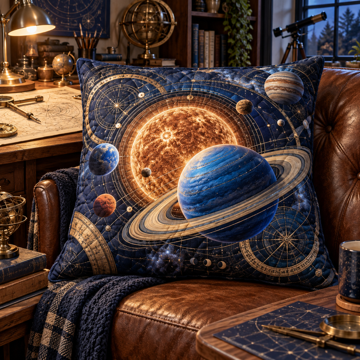 Celestial Maker Studio Quilted Cushion Cover with printed optical 3D artwork in its use setting