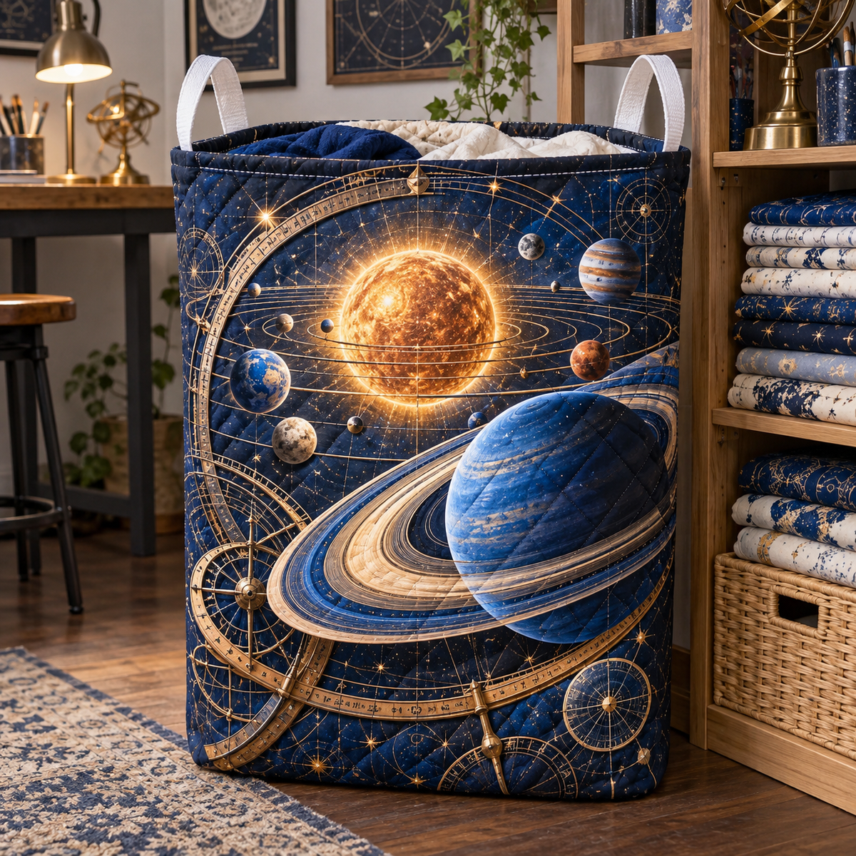 Celestial Maker Studio Laundry Hamper with printed optical 3D artwork in its use setting