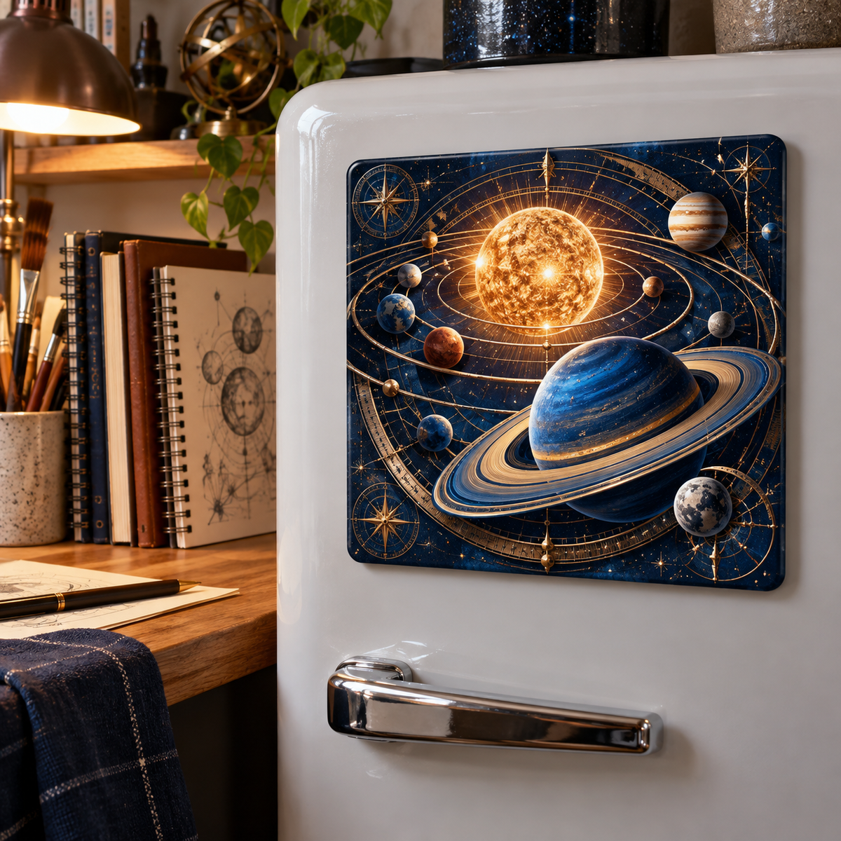 Celestial Maker Studio Acrylic Refrigerator Magnet with printed optical 3D artwork in its use setting