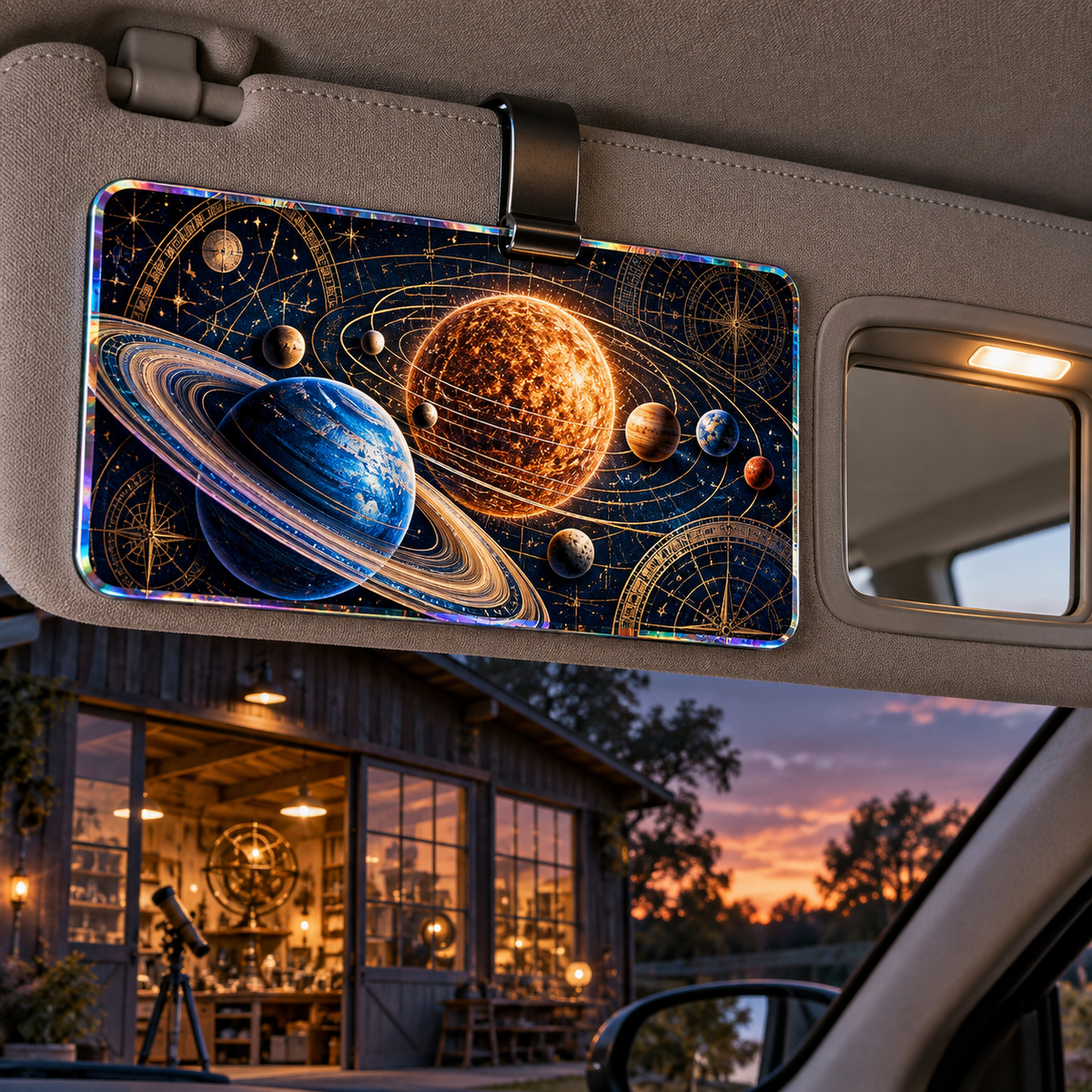 Celestial Maker Studio Holographic Car Visor Clip with printed optical 3D artwork in its use setting