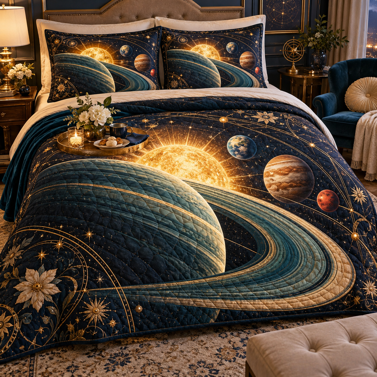 Starlit Host Tribute Quilted Bedding Set with printed optical 3D artwork in its use setting