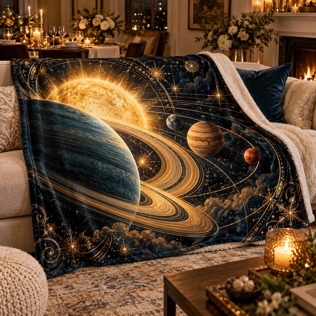Starlit Host Tribute Sherpa & Fleece Blanket with printed optical 3D artwork in its use setting