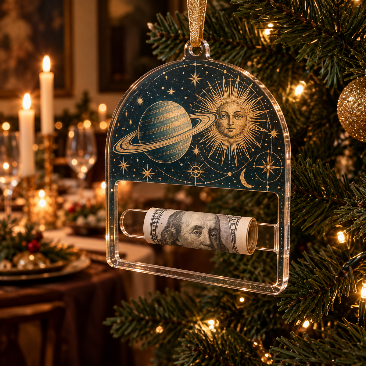 Starlit Host Tribute Acrylic Cash Holder Ornament with printed optical 3D artwork in its use setting