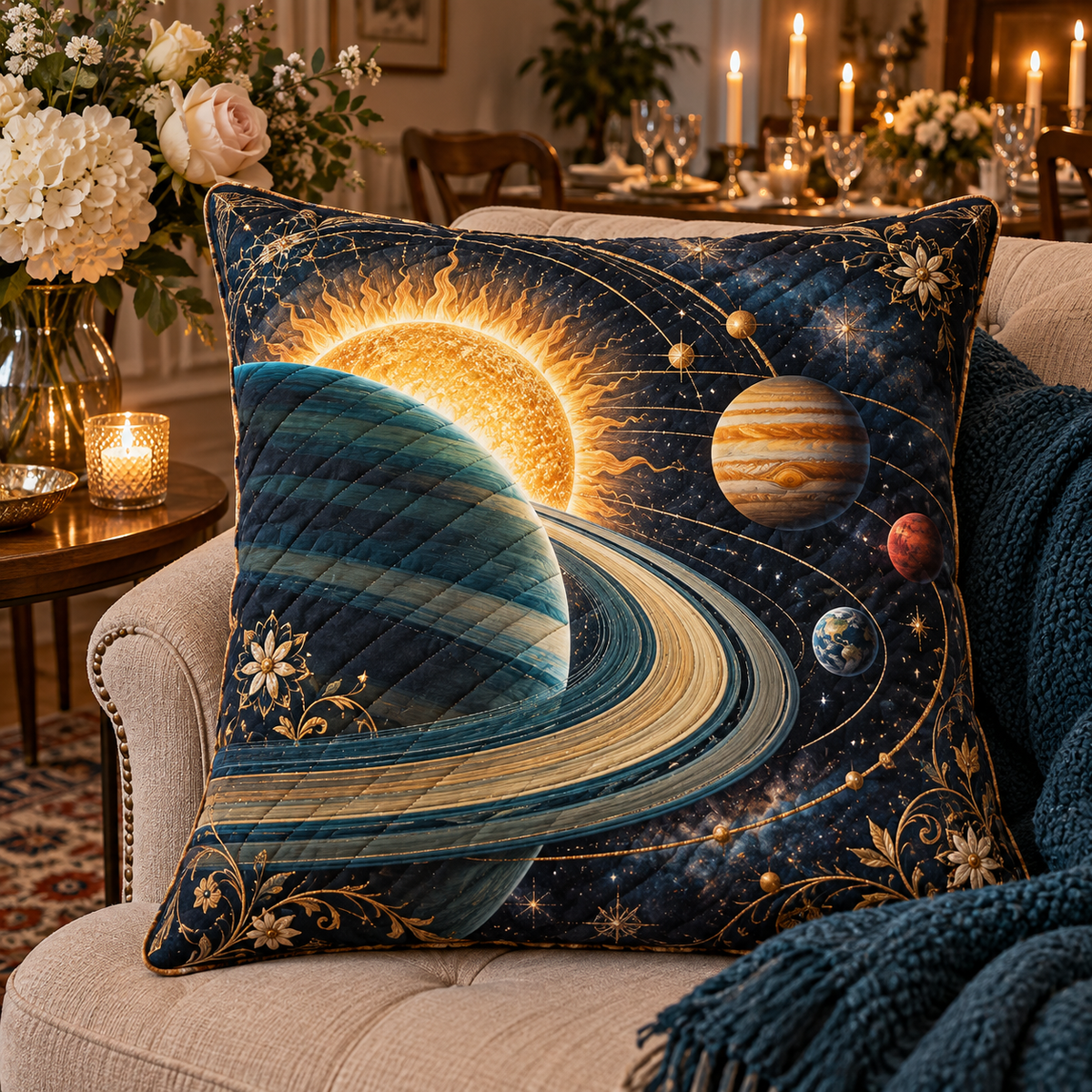 Starlit Host Tribute Quilted Cushion Cover with printed optical 3D artwork in its use setting