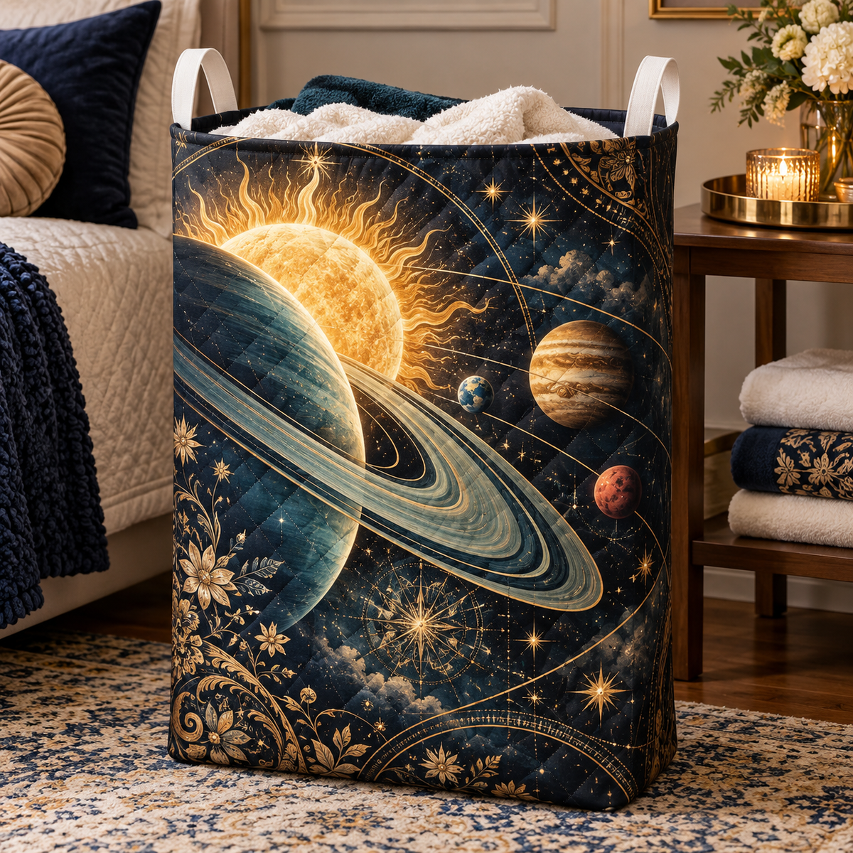 Starlit Host Tribute Laundry Hamper with printed optical 3D artwork in its use setting