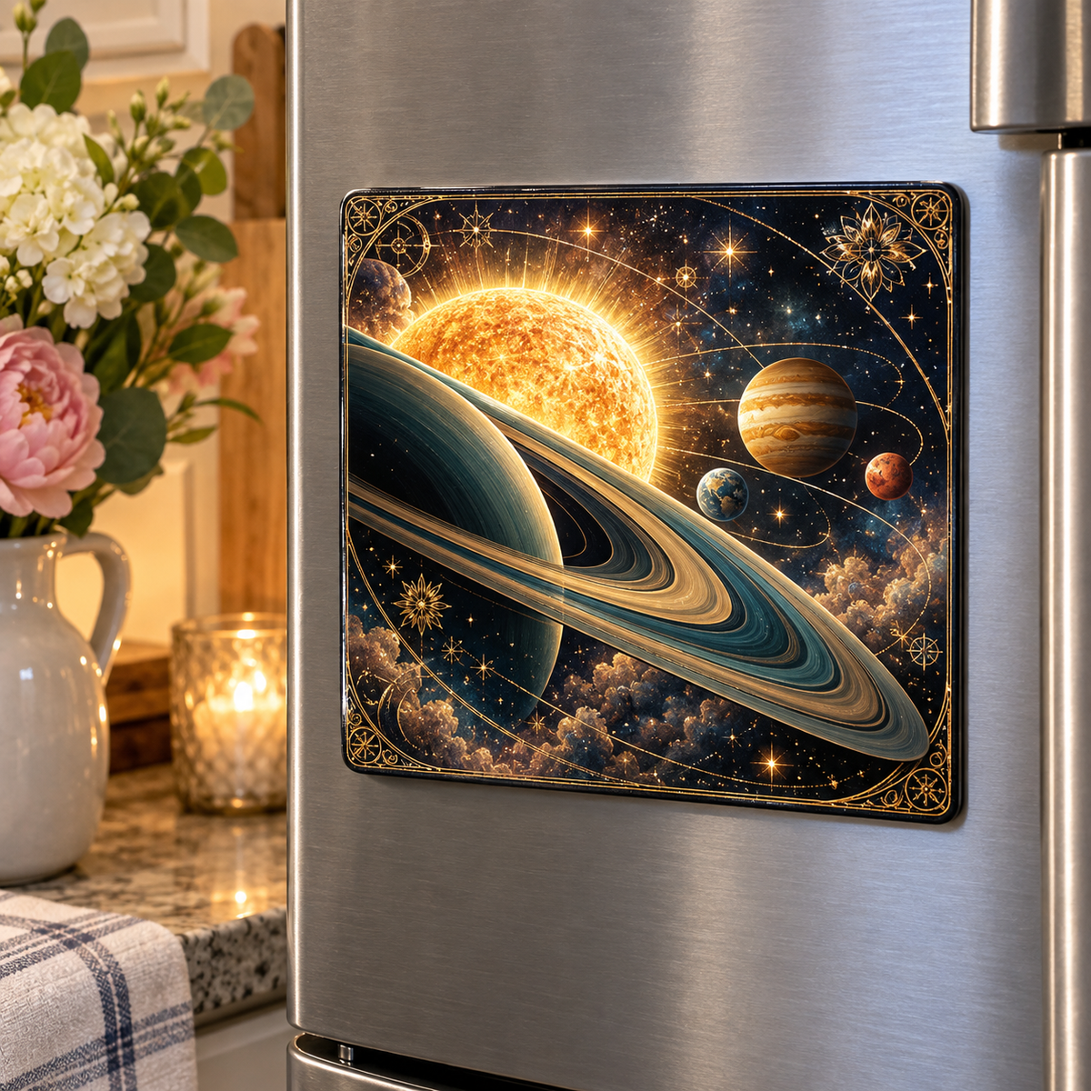 Starlit Host Tribute Acrylic Refrigerator Magnet with printed optical 3D artwork in its use setting