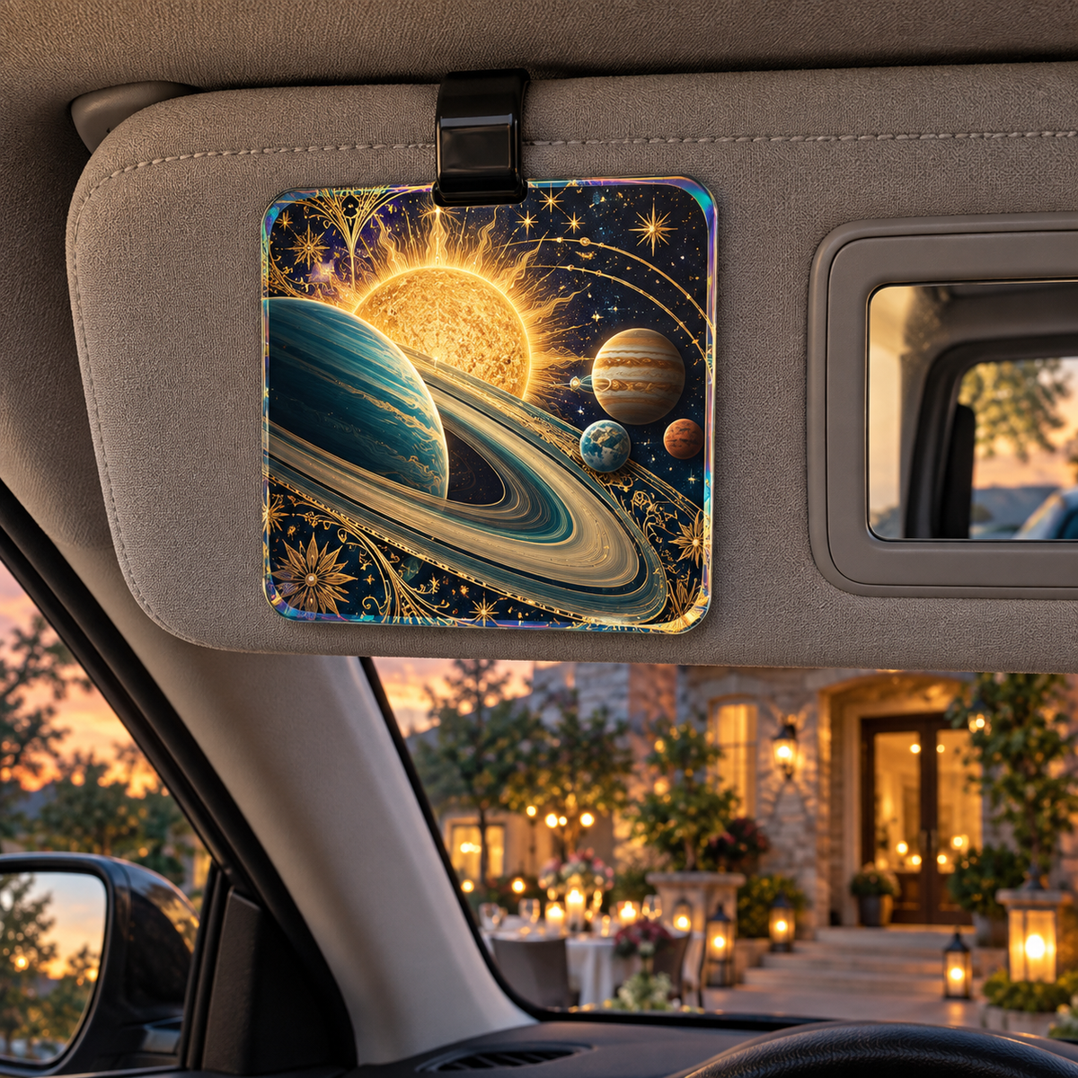 Starlit Host Tribute Holographic Car Visor Clip with printed optical 3D artwork in its use setting