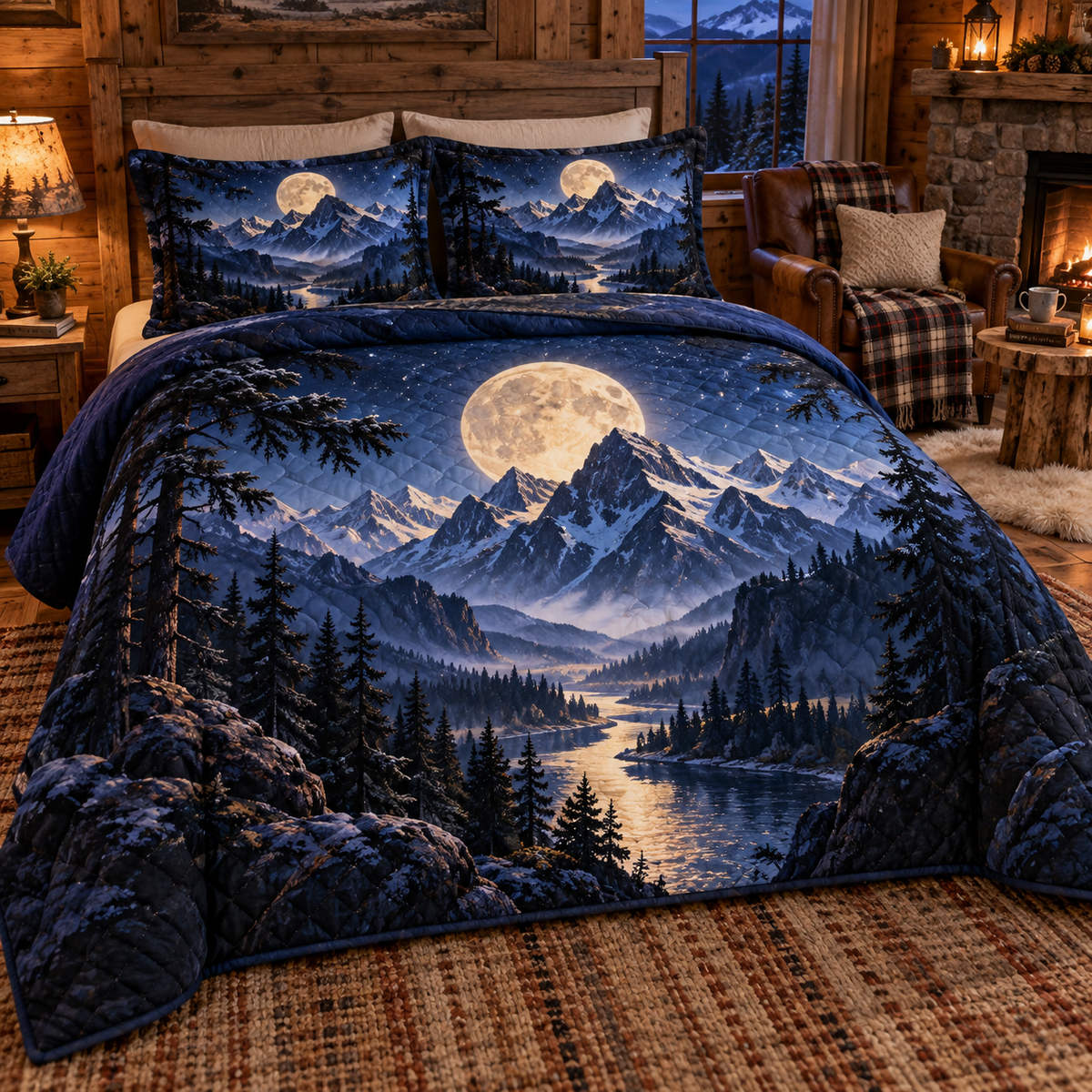 Moonlit Alpine Library Quilted Bedding Set with printed optical 3D artwork in its use setting