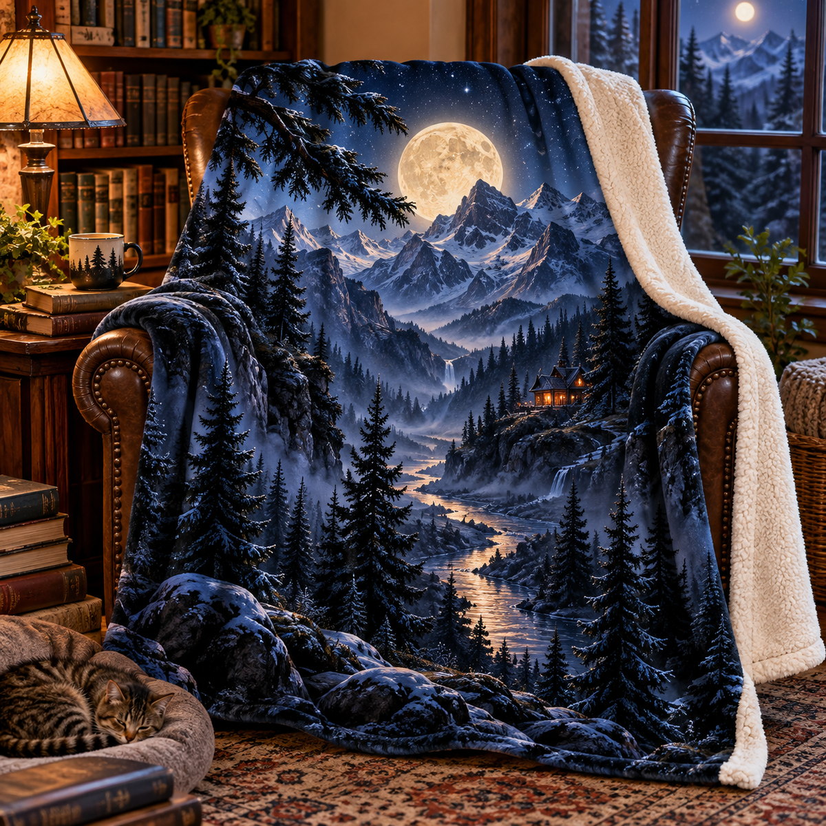 Moonlit Alpine Library Sherpa & Fleece Blanket with printed optical 3D artwork in its use setting