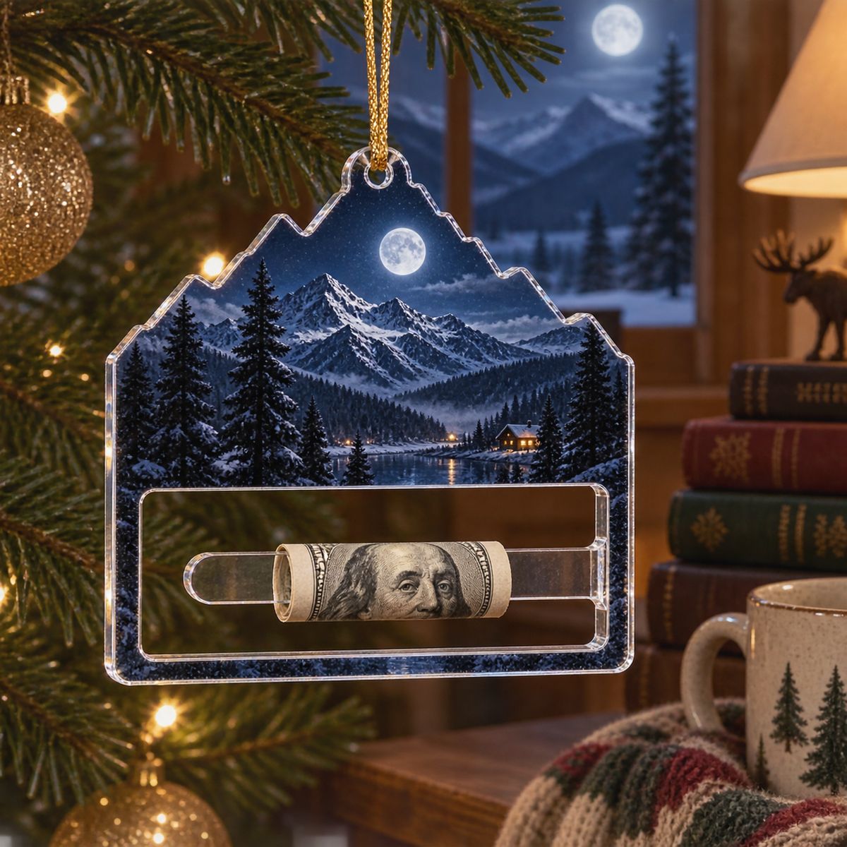 Moonlit Alpine Library Acrylic Cash Holder Ornament with printed optical 3D artwork in its use setting