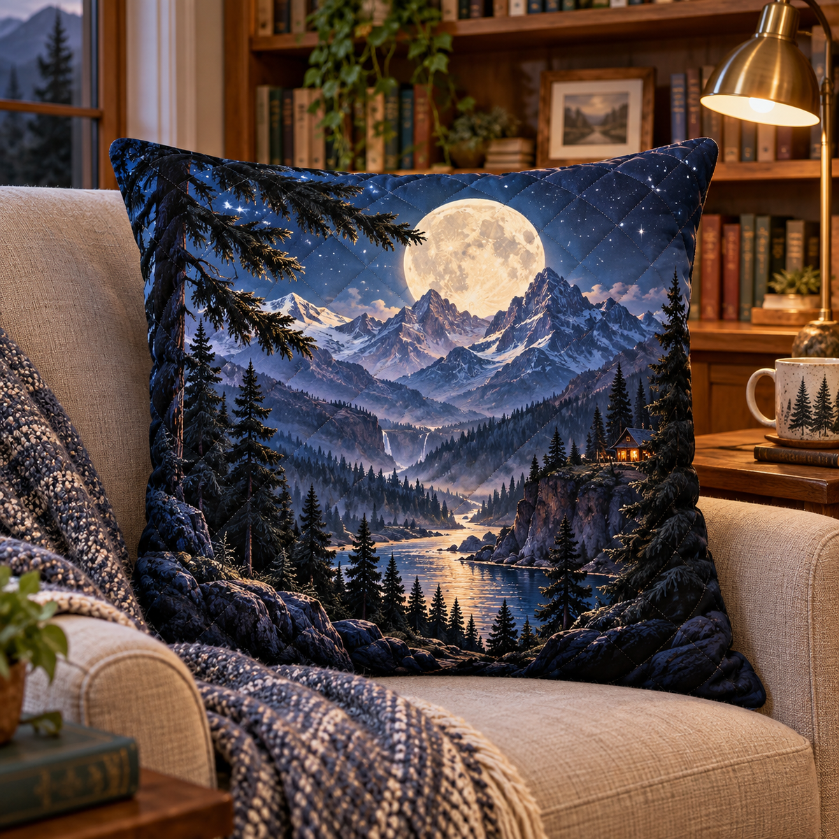 Moonlit Alpine Library Quilted Cushion Cover with printed optical 3D artwork in its use setting