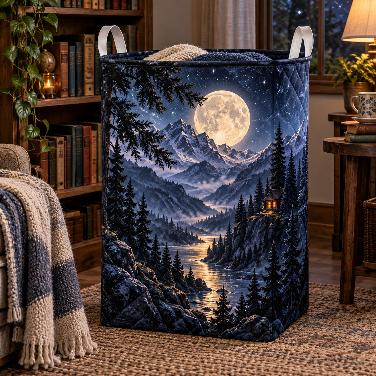 Moonlit Alpine Library Laundry Hamper with printed optical 3D artwork in its use setting