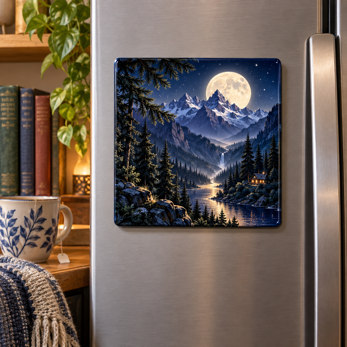 Moonlit Alpine Library Acrylic Refrigerator Magnet with printed optical 3D artwork in its use setting