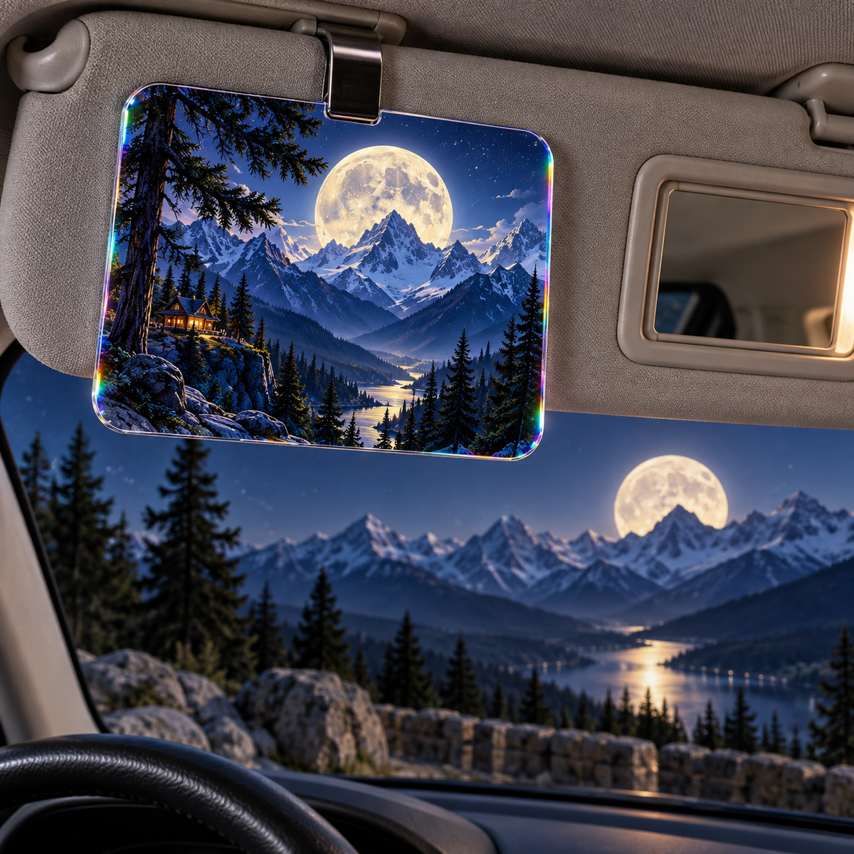 Moonlit Alpine Library Holographic Car Visor Clip with printed optical 3D artwork in its use setting