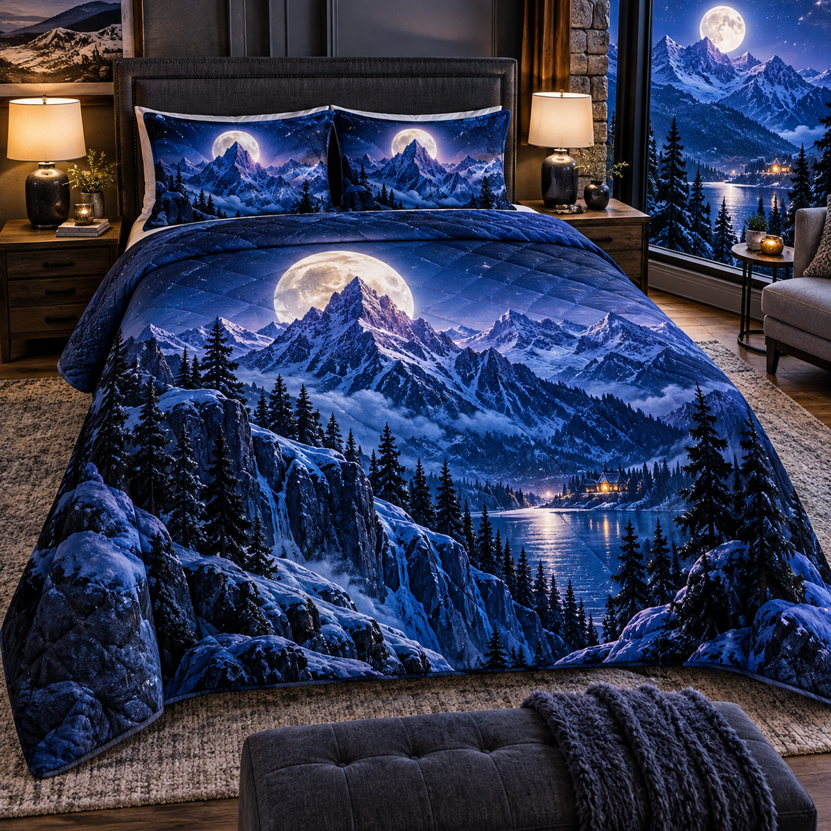 Lunar Summit Reverie Quilted Bedding Set with printed optical 3D artwork in its use setting