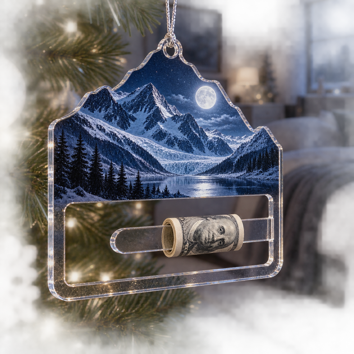 Lunar Summit Reverie Acrylic Cash Holder Ornament with printed optical 3D artwork in its use setting