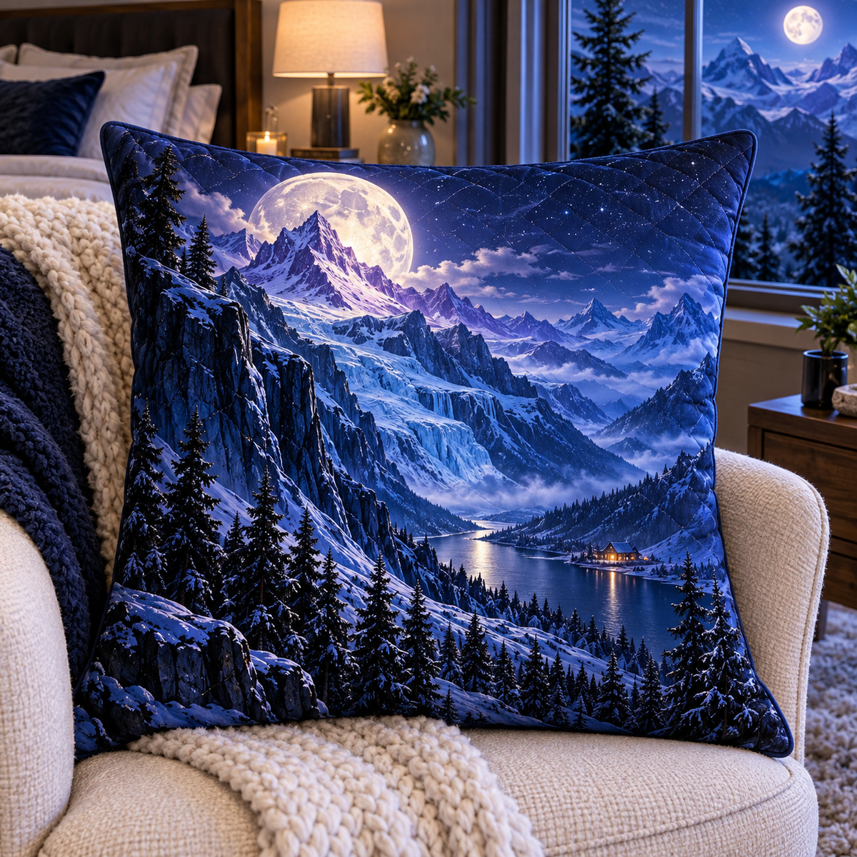 Lunar Summit Reverie Quilted Cushion Cover with printed optical 3D artwork in its use setting
